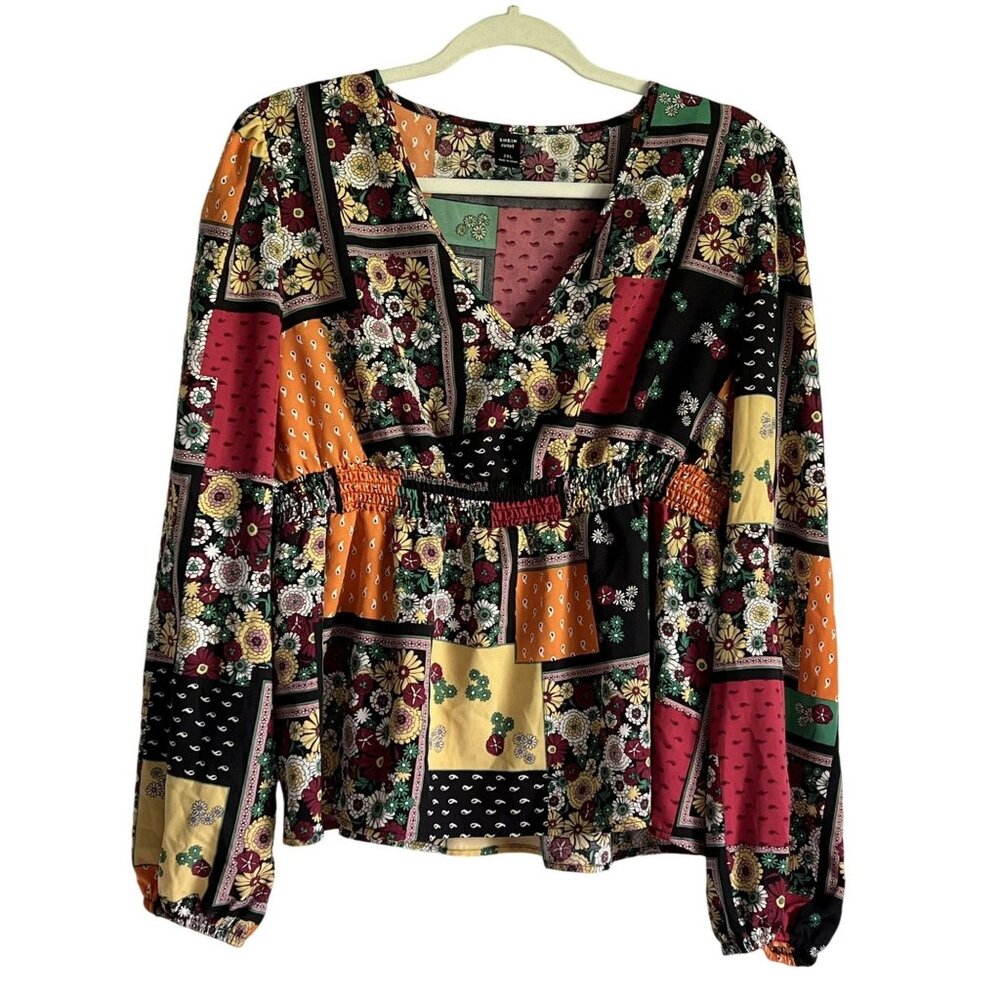 Shein Curve Womens Boho Floral Patchwork  Print V-Neck Smocking Blouse 2XL